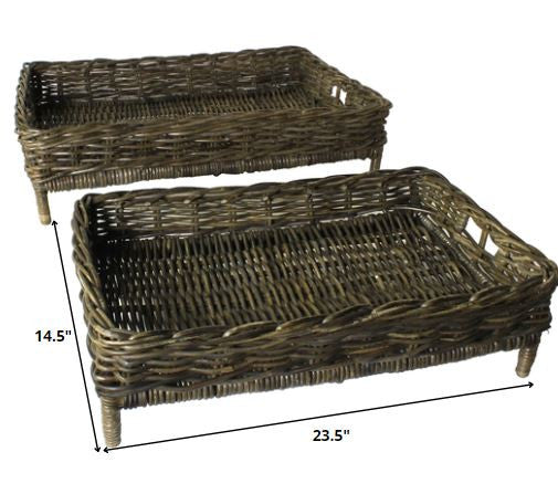 Set of Two Brown Rattan Trays-1