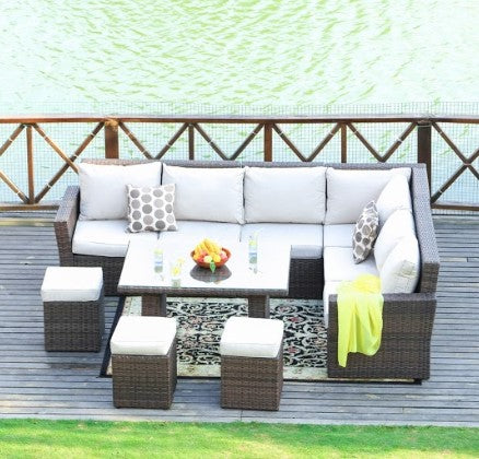 180.96" X 33.54" X 34.71" Brown 8Piece Outdoor Sectional Set with Cushions-1