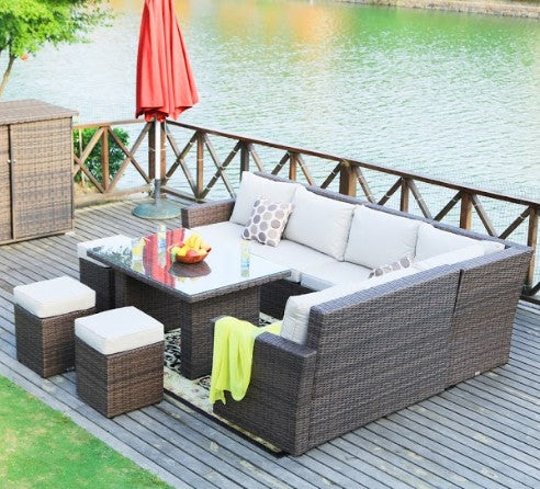 180.96" X 33.54" X 34.71" Brown 8Piece Outdoor Sectional Set with Cushions-2