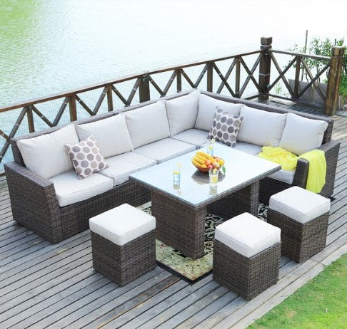 180.96" X 33.54" X 34.71" Brown 8Piece Outdoor Sectional Set with Cushions-3