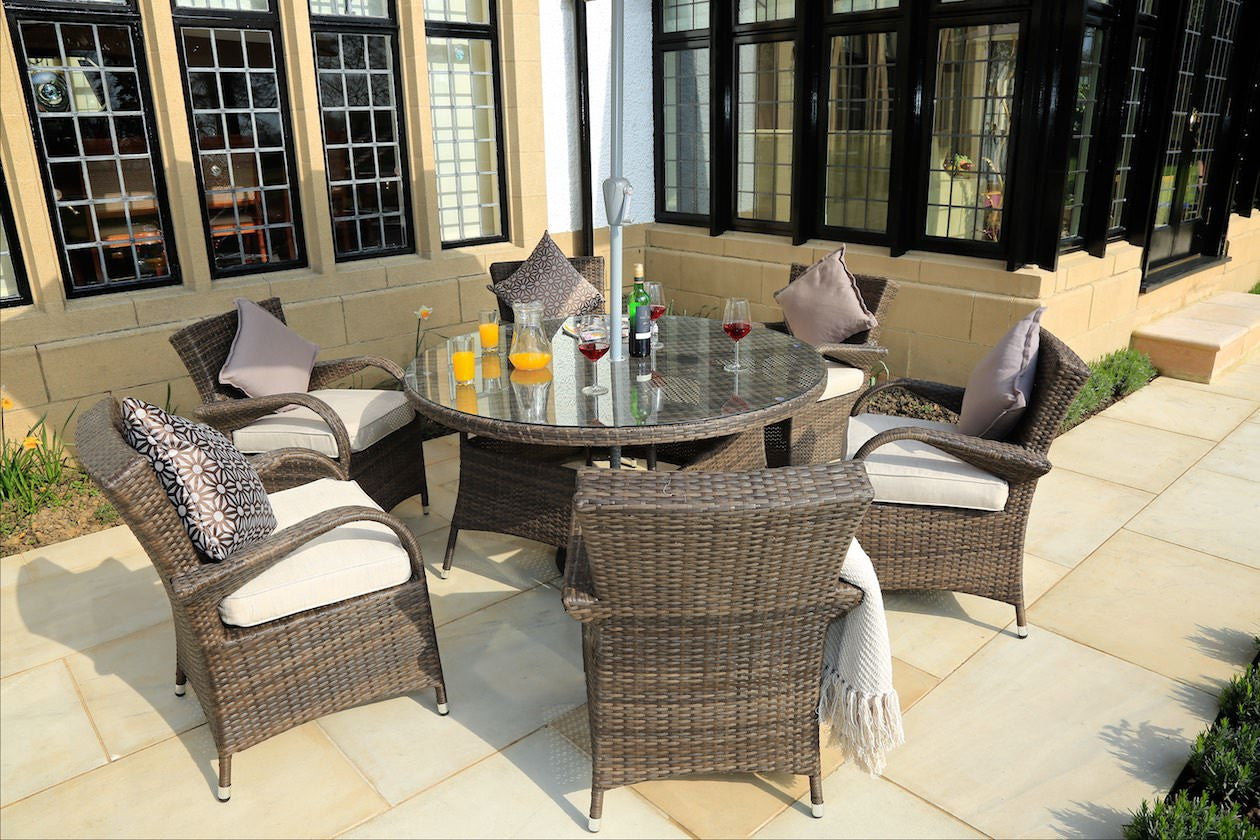 211" X 55" X 32" Brown 7Piece Outdoor Dining Set with Washed Cushion-1