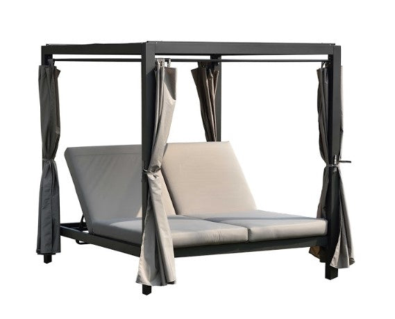 161.85" X 71.37" X 8.58" Gray Outdoor Steel Metal Adjustable Day Bed with Canopy and Taupe Cushions-0