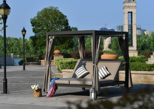 161.85" X 71.37" X 8.58" Gray Outdoor Steel Metal Adjustable Day Bed with Canopy and Taupe Cushions-1