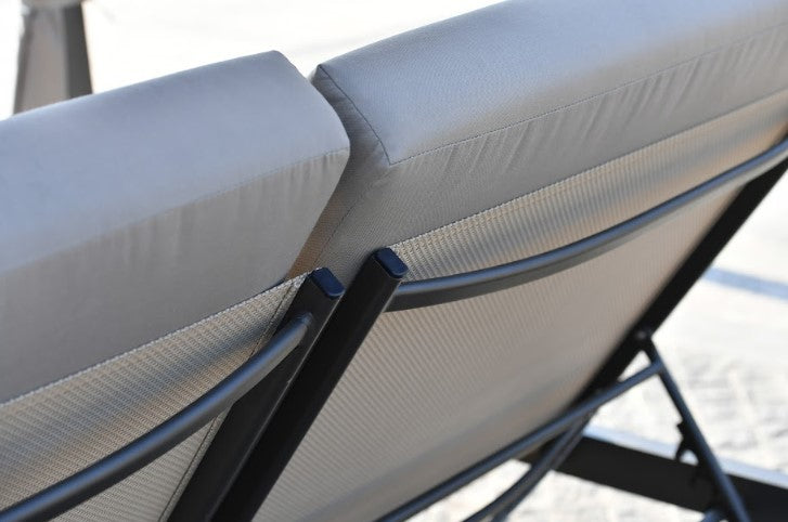 161.85" X 71.37" X 8.58" Gray Outdoor Steel Metal Adjustable Day Bed with Canopy and Taupe Cushions-3