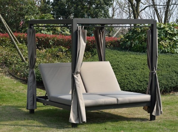 161.85" X 71.37" X 8.58" Gray Outdoor Steel Metal Adjustable Day Bed with Canopy and Taupe Cushions-4