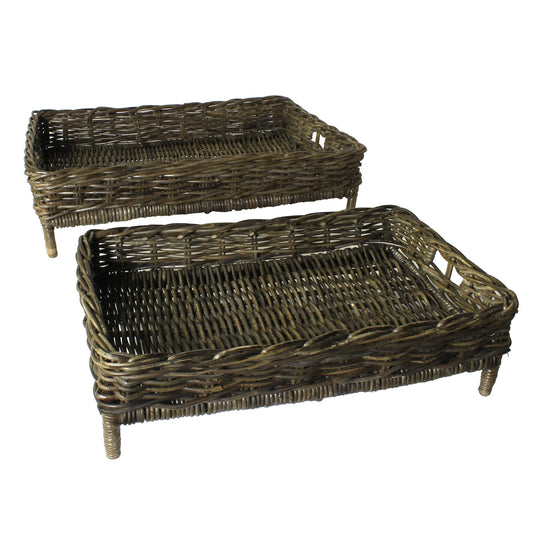 Set of Two Brown Rattan Trays-0