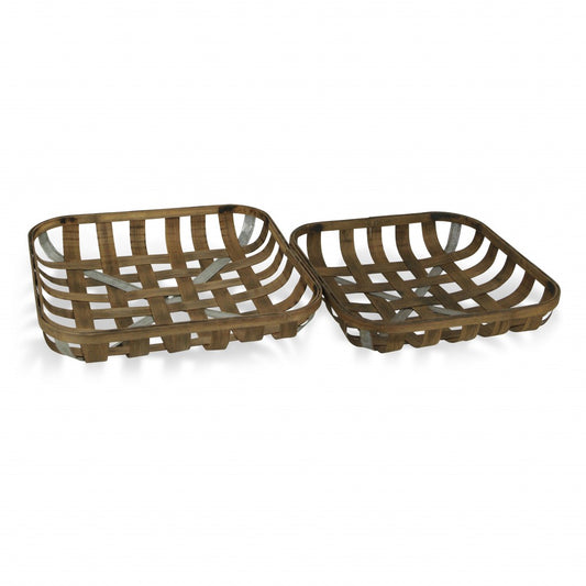 Set of Two Wood and Metal Lattice Weave Baskets-0