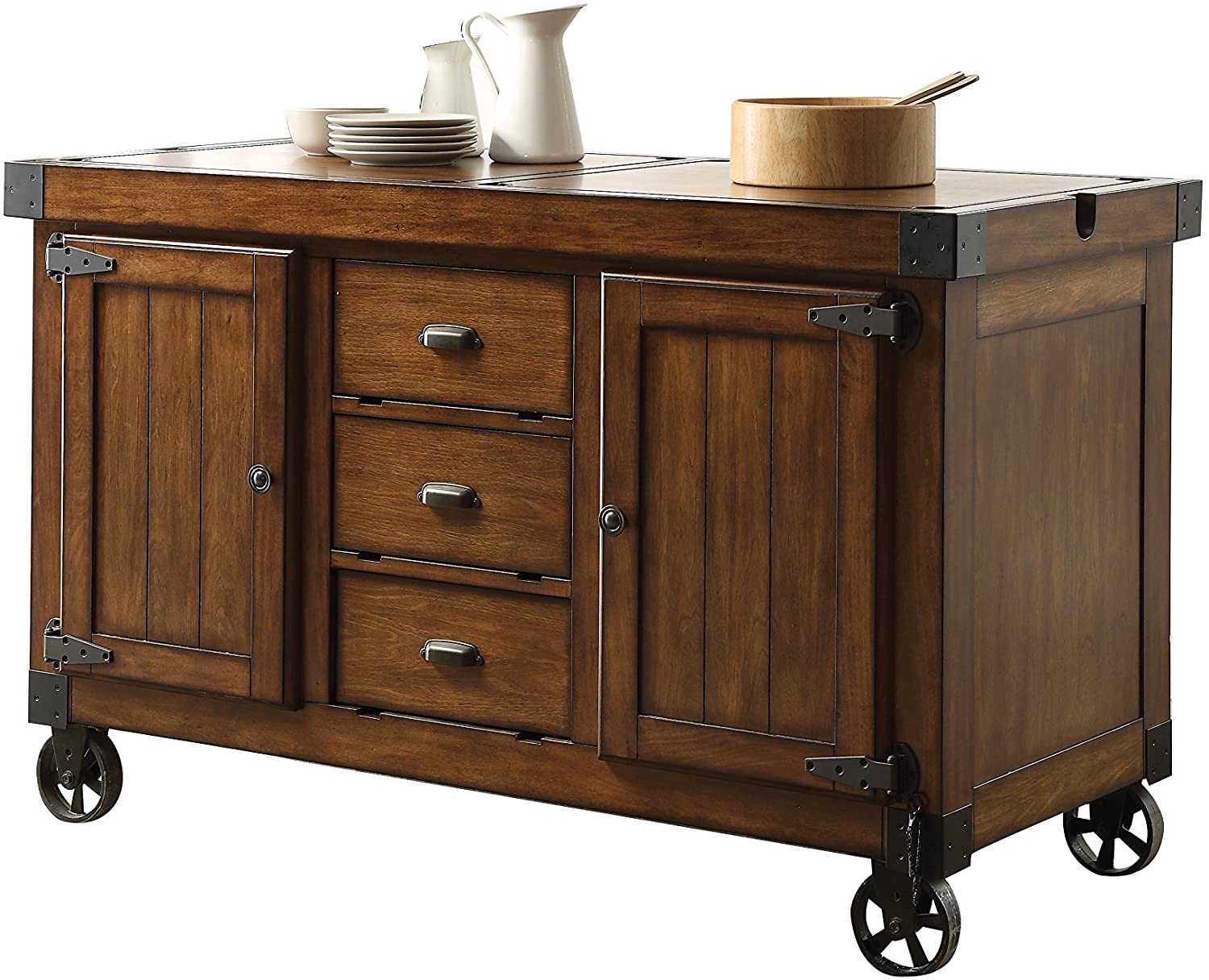 Rustic Farmhouse Warm Tobacco Rolling Kitchen Cart-0