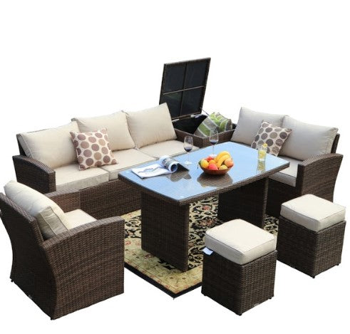 179.85" X 31.89" 32.68" Brown 7Piece Steel Outdoor Sectional Sofa Set with Ottomans and Storage Box-0