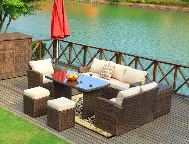 179.85" X 31.89" 32.68" Brown 7Piece Steel Outdoor Sectional Sofa Set with Ottomans and Storage Box-1