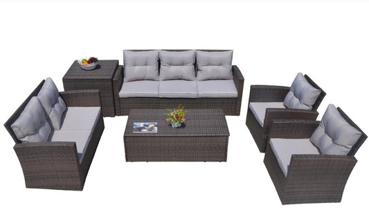 118.56" X 31.59" X 14.82" Brown 6-Piece Patio Conversation Set with Cushions and Storage Boxs-0