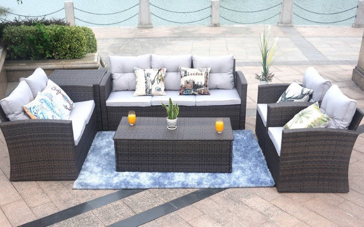 118.56" X 31.59" X 14.82" Brown 6-Piece Patio Conversation Set with Cushions and Storage Boxs-1