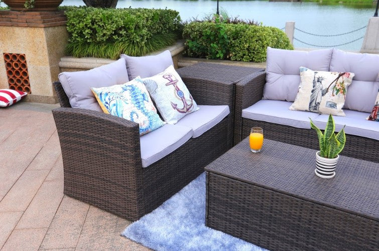 118.56" X 31.59" X 14.82" Brown 6-Piece Patio Conversation Set with Cushions and Storage Boxs-4